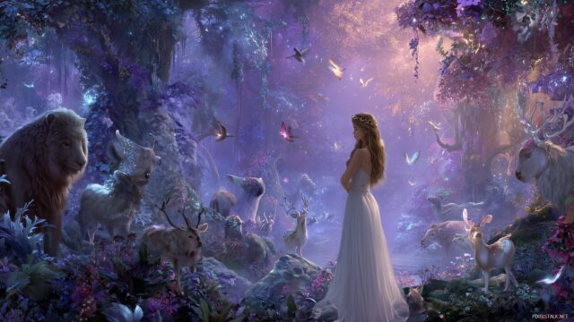 Princess Wallpaper, A Beautiful Princess Standing In An Enchanting Forest Surrounded By Magical Creatures