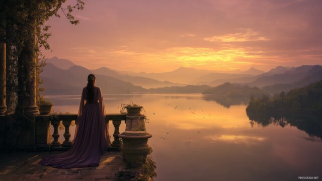 Princess Wallpaper HD For PC, A Serene Princess Gazing Out Over A Tranquil Lake At Sunrise With Mountains In The Distance