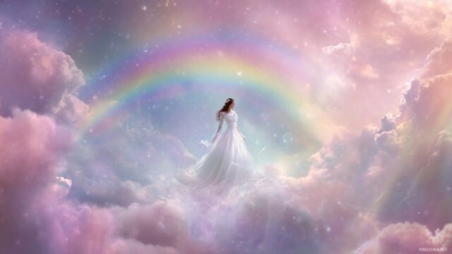 Princess Wallpaper High Definition, A Dreamy Princess Floating On A Cloud With A Rainbow Arching Overhead