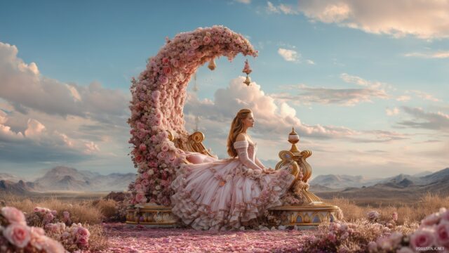 Princess High Definition Desktop Wallpaper, An Elegant Princess Sitting On A Throne Made Of Flowers With A Dreamy Landscape In The Background