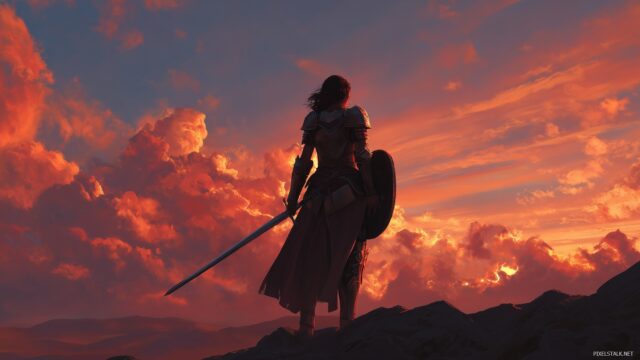 Princess High Definition Wallpaper, A Fierce Warrior Princess Standing In Armor, Ready For Battle Against A Dramatic Sunset