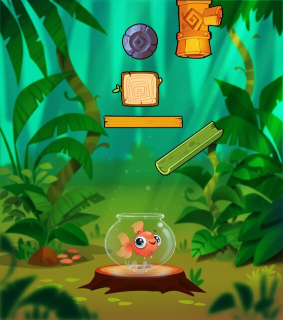 Puzzle Game Wallpapers Cute Fish in Bowl with Jungle Puzzle Elements Background