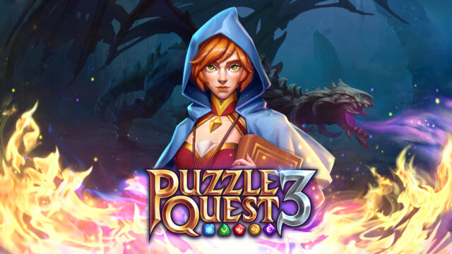 Puzzle Quest 3 Fantasy Puzzle Game Wallpaper with Heroine and Dragon Fire Background