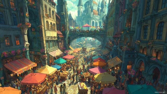 Really Cool Desktop Wallpaper HD, An Artistic Representation Of A Bustling Street Market Filled With Colorful Stalls And Lively People