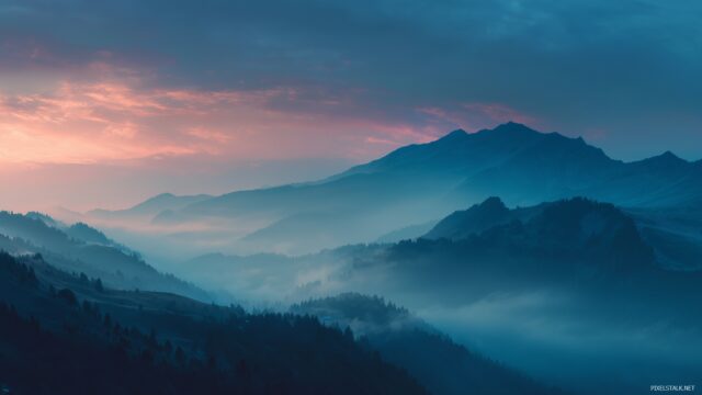 Really Cool Wallpaper For Mac, A Serene Mountain Landscape At Sunrise With Mist Rolling Over The Hills, Ideal For Your Mac Desktop