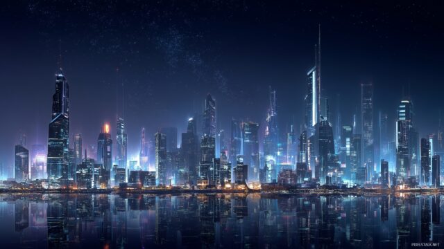 Really Cool Best Quality Desktop Wallpaper, A Futuristic City Skyline Illuminated At Night, Showcasing Advanced Architecture And Vibrant Lights