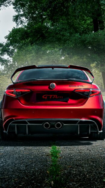 A red Alfa Romeo Giulia GTAm is parked on a road with trees in the background, 4K Mobile Wallpaper