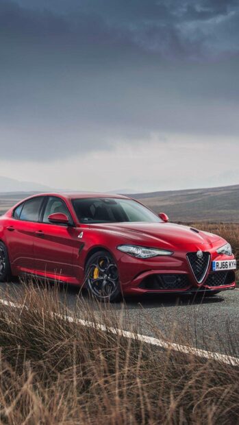 A red Alfa Romeo is parked on a rural road with grassy fields and cloudy sky in the background, HD Phone Wallpaper