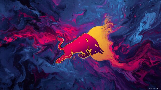 Red Bull Logo HD Desktop Background, A Stunning Red Bull Logo Framed By An Energetic Abstract Landscape, Perfect For Your HD Desktop