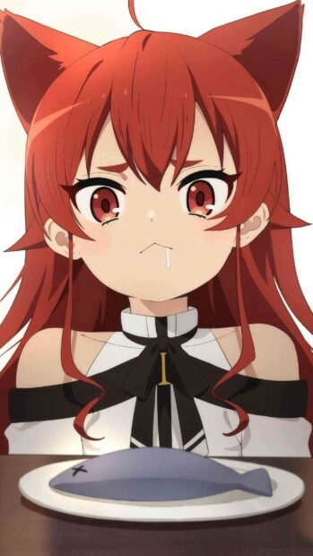 A red haired girl with cat ears looks unhappy while sitting in front of a plate holding a fish, 2K Mobile Wallpaper