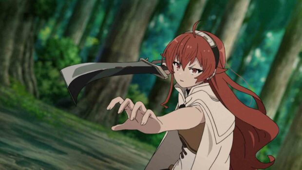A red haired character from Mushoku Tensei Jobless Reincarnation is poised for attack in a forest setting, HD Desktop Wallpaper