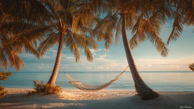 Relaxing palm tree backgrounds, a serene landscape featuring hammock strung between two palm trees on a quiet beach.