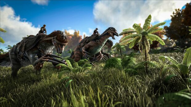 A player riding dinosaurs in a vibrant jungle scene from Ark Survival Evolved wallpapers, HD Desktop Wallpaper PC Wallpaper