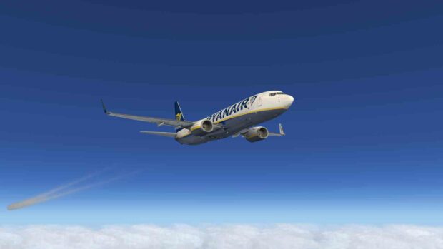 A Ryanair airplane is flying high above the clouds under a clear blue sky, HD Desktop Wallpaper