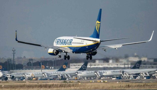 A Ryanair plane is captured landing with other planes visible in the background, HD Desktop Wallpaper