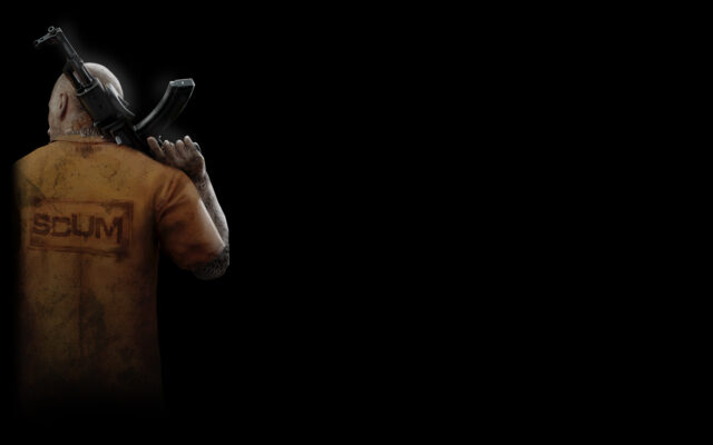 SCUM Game Wallpaper Prisoner With Rifle On Black Background
