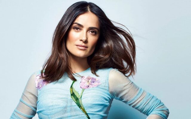 Salma Hayek Stunning Portrait in Blue Floral Dress High Quality Wallpapers