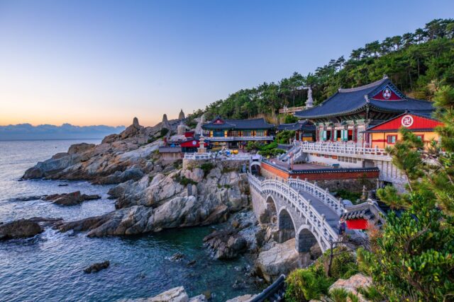 Scenic South Korea Coastal Temple at Sunrise Wallpaper