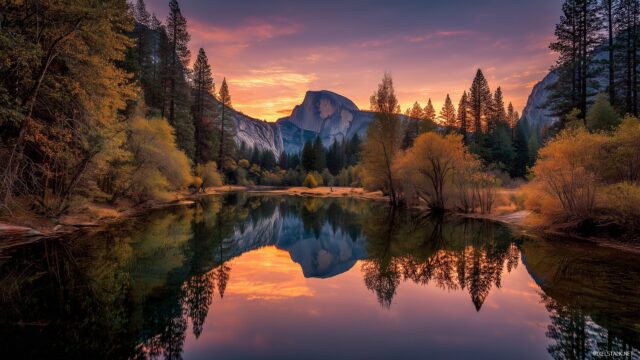 Scenic Yosemite wallpaper HD, panoramic view of Half Dome reflecting in a tranquil lake at sunrise.