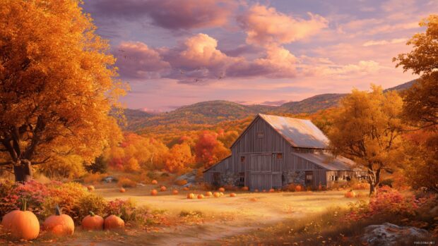 Seasonal desktop wallpaper, picturesque barn in a vibrant autumn landscape with pumpkins scattered around in HD.