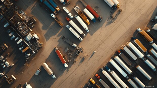 Semi truck backgrounds for computer, a bird eye view of a busy trucking hub featuring various semi trucks and trailers.