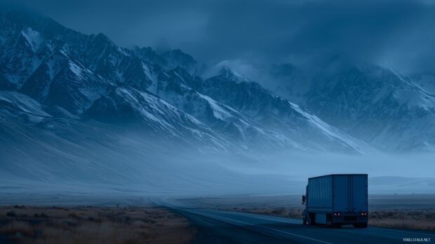 Semi truck backgrounds for computer, a serene landscape featuring a lone truck on a long stretch of deserted highway at dawn.
