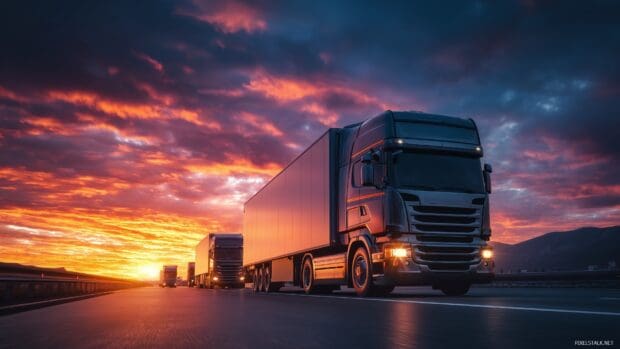 Semi truck desktop backgrounds, a collection of sleek and powerful semi trucks on an open highway under a vibrant sunset.