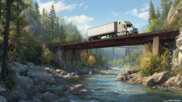 Semi truck desktop backgrounds, an idyllic scene of a semi truck crossing a bridge with a river flowing beneath it.