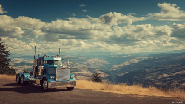 Semi truck desktop wallpapers, a vintage semi truck parked at a scenic overlook with a view of rolling hills and valleys.