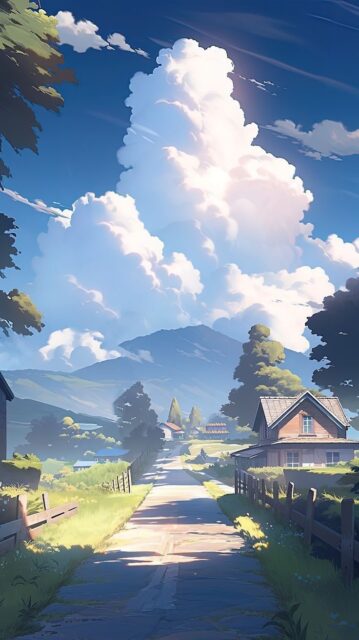 Serene Countryside Path with Towering Clouds Nature Artwork Wallpaper