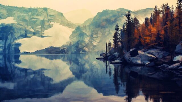 Serene Mountain Lake Reflection Nature Artwork Wallpaper with Autumn Trees and Rocky Shoreline