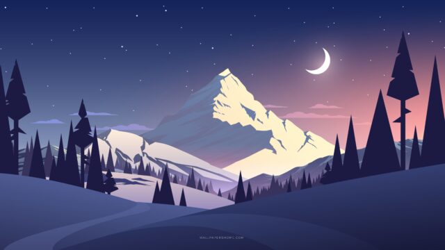 Serene Mountain Landscape with Crescent Moon and Pine Trees Nature Artwork Wallpaper