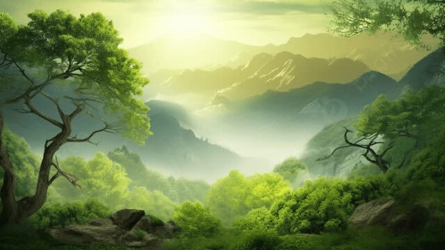 Serene Nature Artwork Wallpaper Featuring Misty Mountains and Lush Green Forests