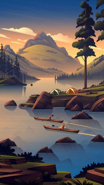 Serene Nature Artwork Wallpaper Featuring Mountain Lake Camping and Kayaking Scene