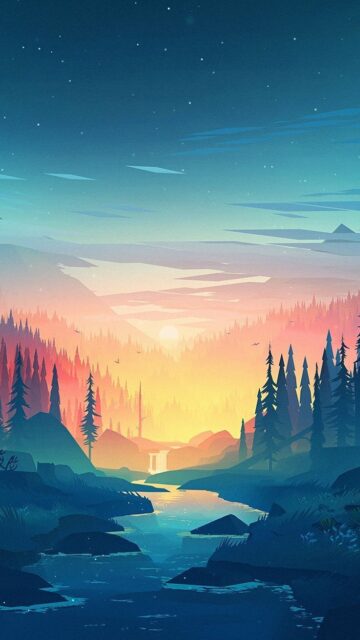 Serene Nature Artwork Wallpaper Featuring Sunset River Forest Landscape