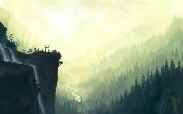 Serene Nature Artwork Wallpaper Featuring Waterfall Misty Forest and Mountain Cliff