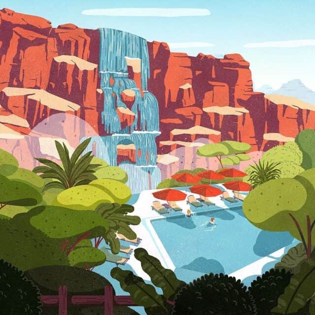 Serene Nature Artwork Wallpaper Featuring Waterfall Pool and Red Rock Cliffs