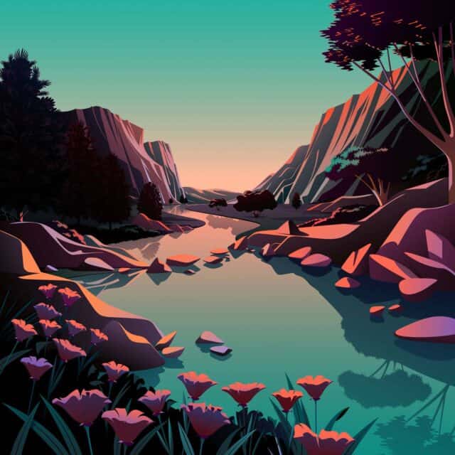 Serene Nature Artwork Wallpaper with River Valley Mountains and Vibrant Flowers at Sunset