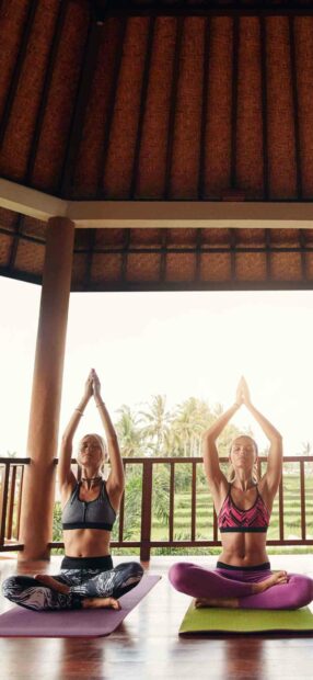 Two women meditating in a tranquil outdoor space practicing yoga, HD Mobile Wallpaper
