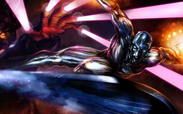 The image shows Silver Surfer flying aggressively with beams of light and Galactus reaching out, featuring Galactus wallpapers, HD Desktop Wallpaper