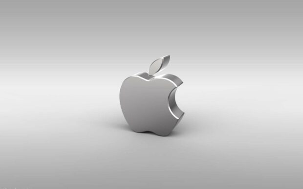A silver metallic apple logo stands prominently against a smooth light gray background, 2K Desktop Wallpaper