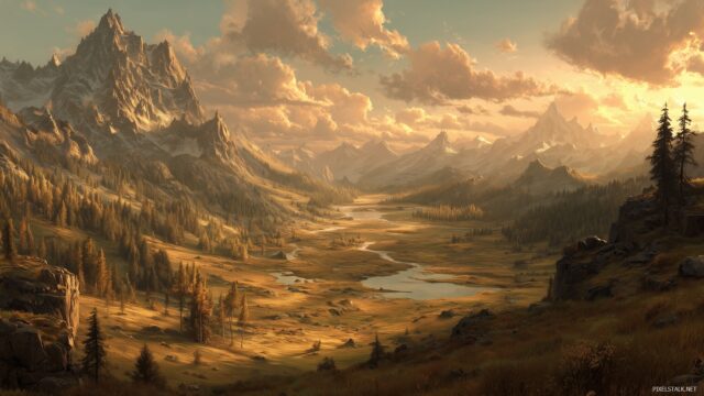 Skyrim Wallpaper HD, A Panoramic View Of Skyrim Plains At Sunset, Golden Light Illuminating The Terrain