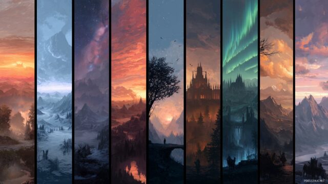 Skyrim Wallpaper Collection, A Series Of Vibrant Scenes From Skyrim Adventures, Including Landscapes, Battles, And Lore Elements