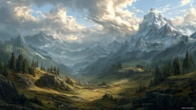 Skyrim Wallpaper Download, Breathtaking Landscape Of Skyrim Filled With Majestic Mountains And Deep Valleys, Vibrant Colors And Rich Details