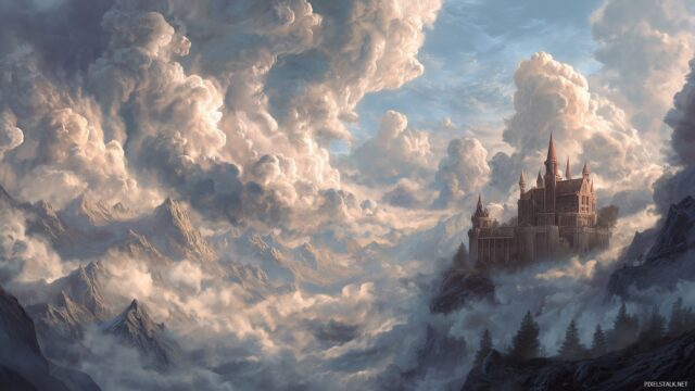 Skyrim Wallpaper Fantasy, A Mystical Castle Perched On A Cliff, Surrounded By Swirling Clouds And Magical Aura