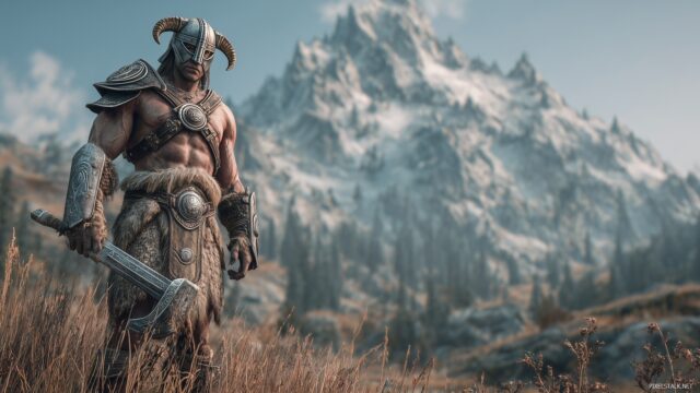 Skyrim Wallpaper For Android, Heroic Stance Of The Dragonborn With Skyrim Wildlands In The Background, Strong And Inspiring