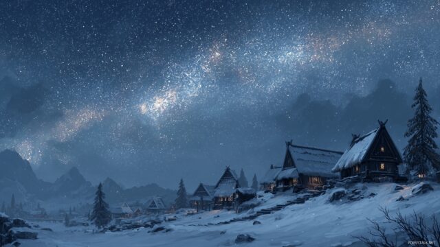 Skyrim Wallpaper For Desktop, A Serene Scene Of A Snow Covered Village In Skyrim, Cozy Cottages Under A Starry Night Sky