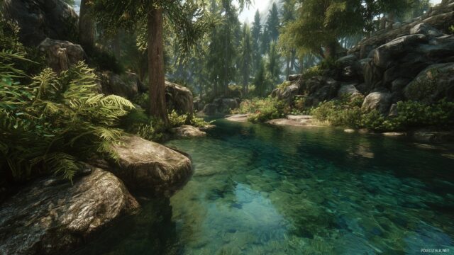 Skyrim Wallpaper For IPad, Tranquil Riverside View In Skyrim With Lush Greenery And Peaceful Flowing Water