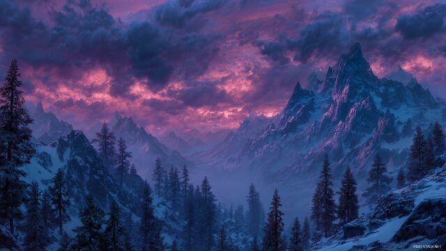 Skyrim Wallpaper For IPhone, Stunning View Of The Throat Of The World During Twilight, Captivating Colors And Shadows