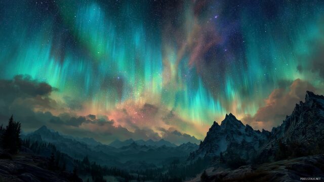 Skyrim Wallpaper Of Night Skies, Starry Background With Northern Lights Over Skyrim Iconic Landscapes, Mesmerizing And Colorful